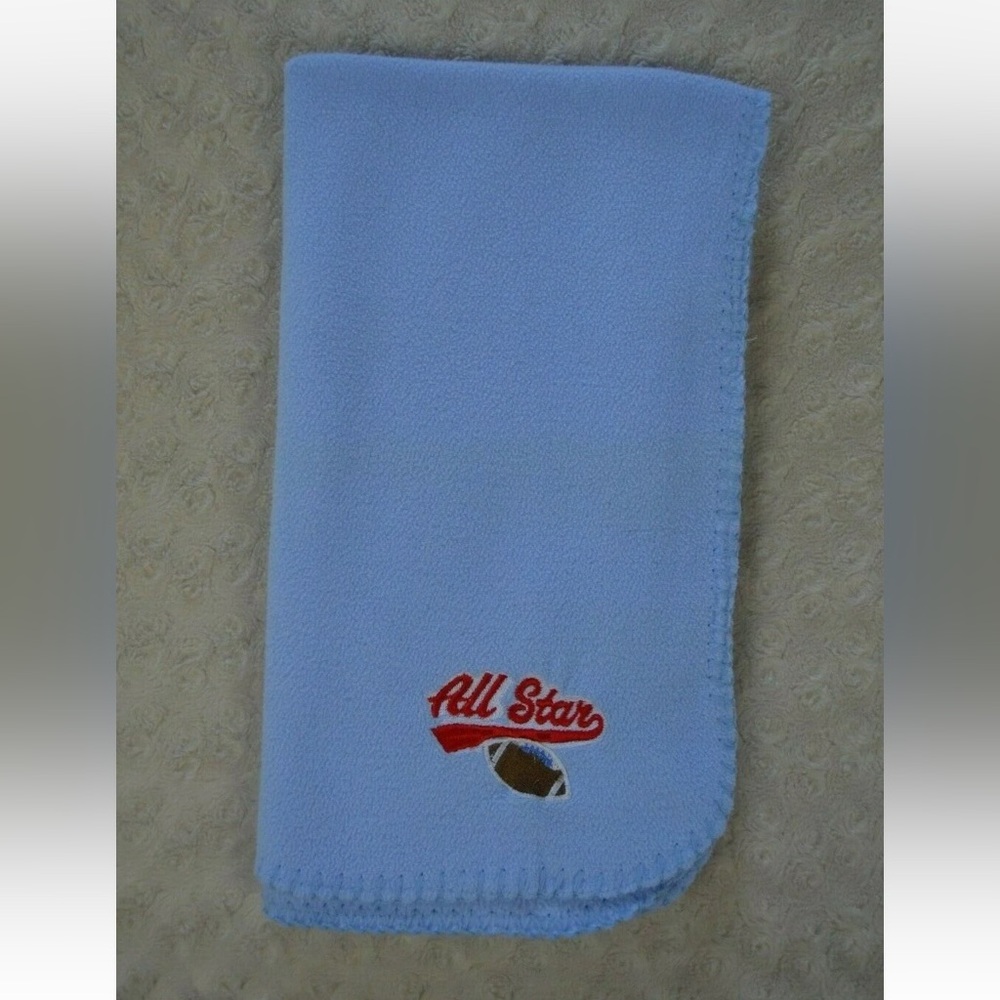 Kidgets All Star Football Baby Blanket Blue Red Fleece Stitched Edge Lovey